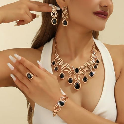 4-Piece Golden Teardrop Crystal Jewelry Set Black Red | 4-piece golden set with black red crystals Lightweight anti-tarnish Perfect for weddings galas - color: Black
