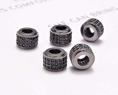 AD Beads Zircon Pave Rhinestones Big Hole Rondelle Spacer Beads 6x7mm 5Pcs Black on Gunmetal - color: 5 Pcs Black on Gunmetal 3 Row Rondelle (6x7mm)