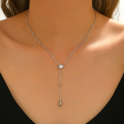 Dainty 18K Gold Plated Lariat Necklace for Women Delicate Y Chain Rose Pearl Diamond Long Drop Necklace Layering Bridal Jewelry Gift - color: CZ Waterdrop-White Gold