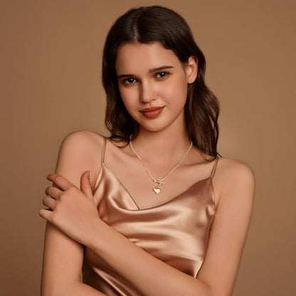 Zeffy 14K Gold/Silver Plated Chunky Thick Chain Toggle Clasp Necklace Dainty Baroque Pearl/Heart/Cross/Turquoise Pendant Necklace - color: Gold Small Heart Necklace