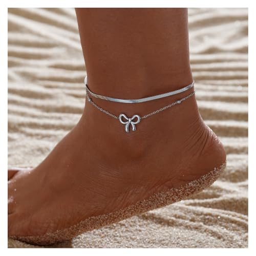 MYAROMA FINDINGS Stainless Steel Anklet for Women, Snake Chain Bow Charm Ankle Bracelet, Gold and Silver Tone Options, PVD Waterproof Non Tarnish Ankle Bracelet
