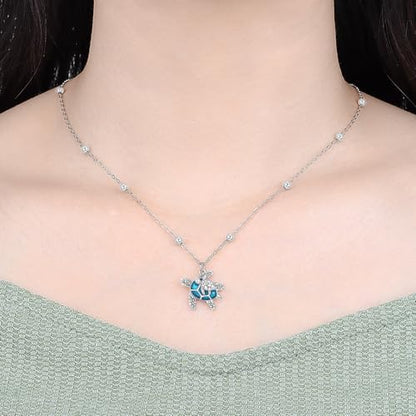 925 Sterling Silver Dainty Necklaces for Women Pendant Jewelry Gift for Her | Hypoallergenic Ocean Animal Love Cherry Blossom Jewelry, Ideal Valentine Birthday Christmas Graduation Gift for Wife Mom - color: Blue Sea Turtle