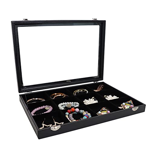Wudygirl Bracelet Organizer Leather Jewelry Tray with Lid 13.7"x9.4" Black | 12 Grid Jewelry Organizer with Velvet Liner, Ideal for Jewelry Storage, Dresser Drawer or Gift, Dustproof Design - style: 12 Grid Tray