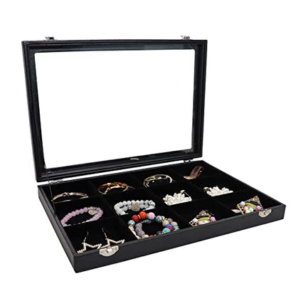 Wudygirl Bracelet Organizer Leather Jewelry Tray with Lid 13.7"x9.4" Black | 12 Grid Jewelry Organizer with Velvet Liner, Ideal for Jewelry Storage, Dresser Drawer or Gift, Dustproof Design - style: 12 Grid Tray