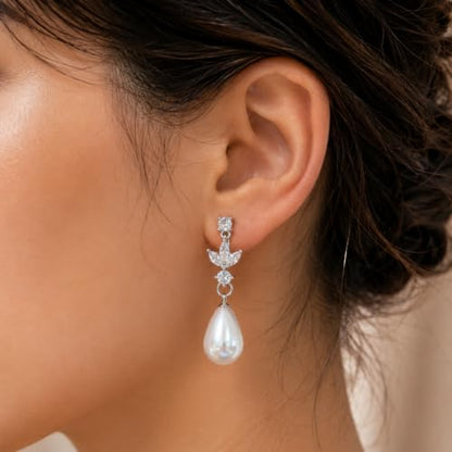 Pearl Dangle Clip On Earrings for Women - 14K Gold Silver Plated Cubic Zirconia Pearl Drop Earrings Trendy Long Non Pierced Bridal Earrings Fashion Jewelry Gifts - color: Silver