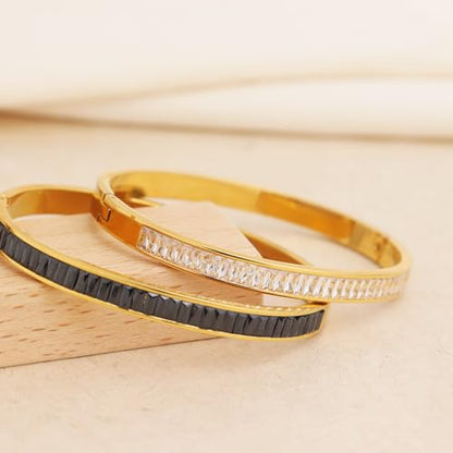 Gold Rhinestone Bangles Bracelets for Women, Chunky Crystal Stainless Steel Stackable Cuff Bracelet Prom Fashion Jewelry Gift - color: Black