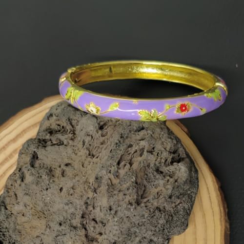 Cloisonne Bracelet For Women, Chunky Bangle Trendy Cute Flower Enamel Bangles Multi Tone Engraved Cuff Gold Plated Bracelets Stackable Wife Jewelry Friendship Gift - color: Light Purple
