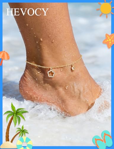 Gold Anklet Set for Women, Layered Beach Anklets | Layered gold-tone ankle bracelets, designed for beach days, vacations, and summer wear - style: Gold Anklet 6