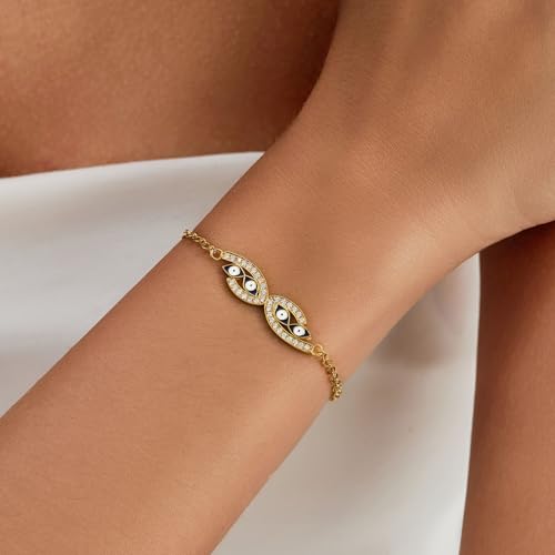Cicy Bell Evil Eye Bracelets 18k Gold Plated Adjustable | Turquoise，Zirconia Link, Trendy Jewelry Gift for Women, 15.9" with 1.9'' Extender - color: F-Gold