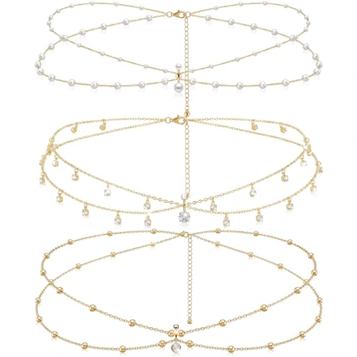 Hicarer 3 Pieces Crystal Belly Ring with Chain Rhinestone Waist Body Chain Bikini Belly Jewelry Beach Accessories Jewelry for Women Adults - color: Gold, style: Elegant Style