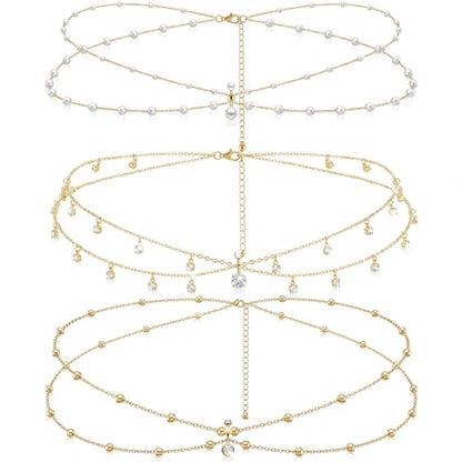 Hicarer 3 Pieces Crystal Belly Ring with Chain Rhinestone Waist Body Chain Bikini Belly Jewelry Beach Accessories Jewelry for Women Adults - color: Gold, style: Elegant Style