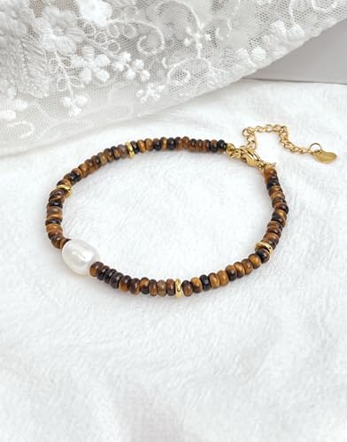 Gemstone Beaded Bracelets with Freshwater Pearl | Crystal Beaded Bracelet Boho Natural Stone Trendy Jewelry Gifts - color: Brown