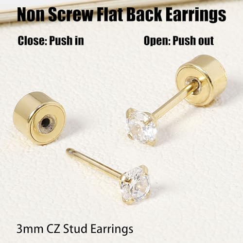 Threadless Flat Back Earrings, Hypoallergenic 14K Real Gold Plated CZ Stud Earrings | Cartilage Earring | Tragus Helix Piercing Jewelry | Push in Flatback Earrings for Women Men - color: 14K Gold, size: 3 Millimeters