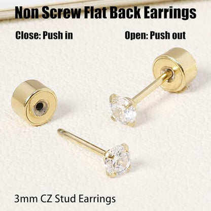 Threadless Flat Back Earrings, Hypoallergenic 14K Real Gold Plated CZ Stud Earrings | Cartilage Earring | Tragus Helix Piercing Jewelry | Push in Flatback Earrings for Women Men - color: 14K Gold, size: 3 Millimeters
