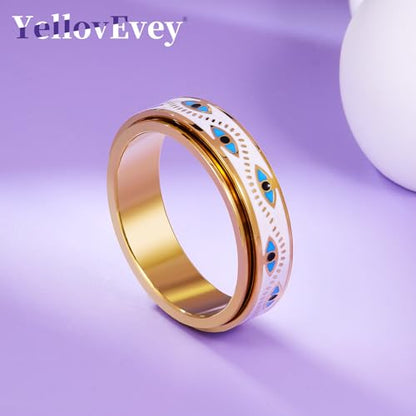 Evil Eye Fidget Ring for Women - Anxiety Relief Spinner Jewelry,18K Gold Plated Stainless Steel Turkish Ojo Turco Protection Rings Gift for Adults - color: Gold