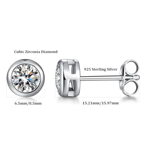 925 Sterling Silver Bezel Stud Earrings for Women Hypoallergenic Cubic Zirconia Stud Earrings for Unisex - style: 3-Bezel Studs-6.5mm