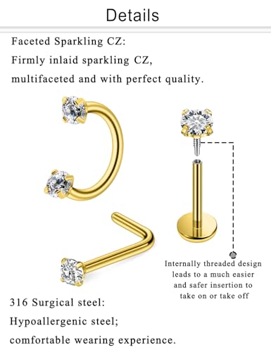Horseshoe Nose Ring 18G Internally Threaded Nose Rings Hoops Surgical Steel Half Double Cubic Zirconia Nostril Studs Lip Eyebrow Helix Daith Ear Piercing Jewelry For Women - color: goldtone