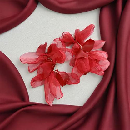 Handmade Bohemian Lightweight Fabric Flower Dangle Drop Earrings Chic Pearl Large Tassel Petal Stud Earrings For Women - color: Red