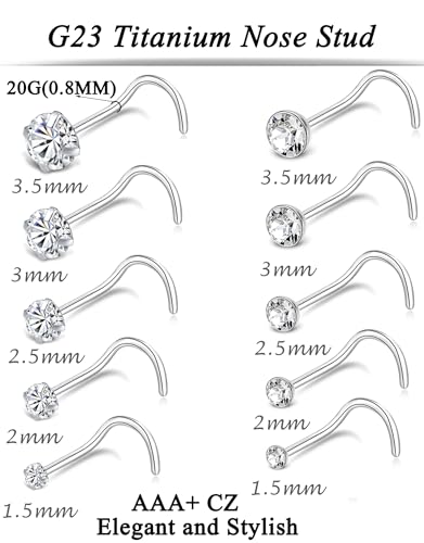 20G 10Pcs Stainless Steel L Screw Bone Shaped Nose Studs Rings Square Round CZ Nose Ring Labret Nose Piercing Jewelry for Men Women Silver Tone 1.5mm-2mm-2.5mm-3mm-3.5mm CZ - style: A2:10Pcs,S Shaped(G23 Titanium)
