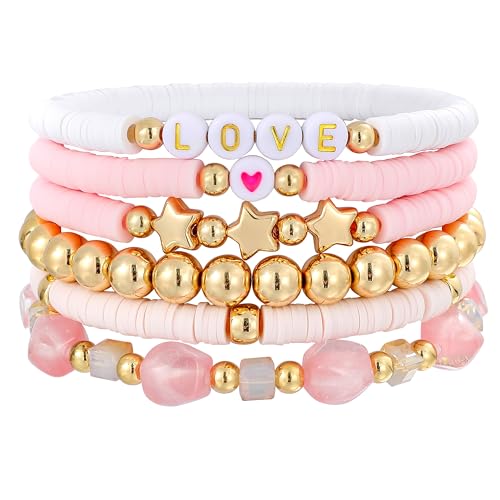 Summer Surfer Heishi Bracelet Set for Women Stackable Gold Plated Clay Ploymer Bead Stretch Pink Beach Layering Bracelets Jewelry - color: B-A6 plastic 6pcs