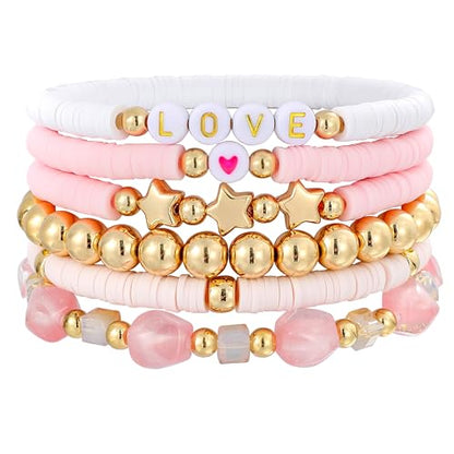Summer Surfer Heishi Bracelet Set for Women Stackable Gold Plated Clay Ploymer Bead Stretch Pink Beach Layering Bracelets Jewelry - color: B-A6 plastic 6pcs