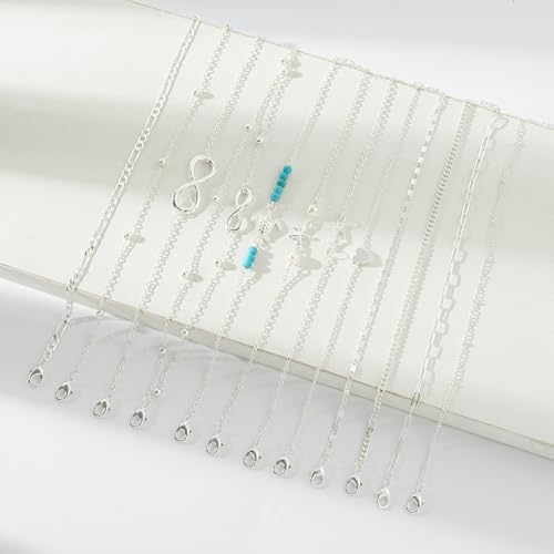 Starain 12Pcs Summer Beach Anklets for Women Waterproof Gold Silver Chain Ankle Bracelets Cute Women's Foot Anklet Set 7.9-10.5 inch Adjustable - color: 12Pcs Silver Anklets
