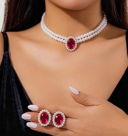 CSIYANJRY99 Pearl Necklace and Earring Set Faux Pearl Jewelry Sets for Women Imitation Beaded Pearl Necklace Bracelet Stud Earrings for Women - color: Red Zircon Pearl Set
