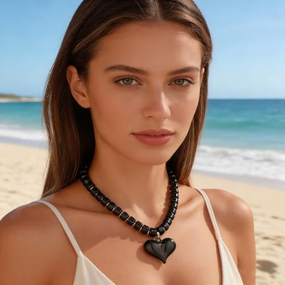 YUJIE Chunky Heart Pendant Necklace for Women- Exaggerated Statement Puff Heart Necklace with Acrylic Beaded Chain - color: black