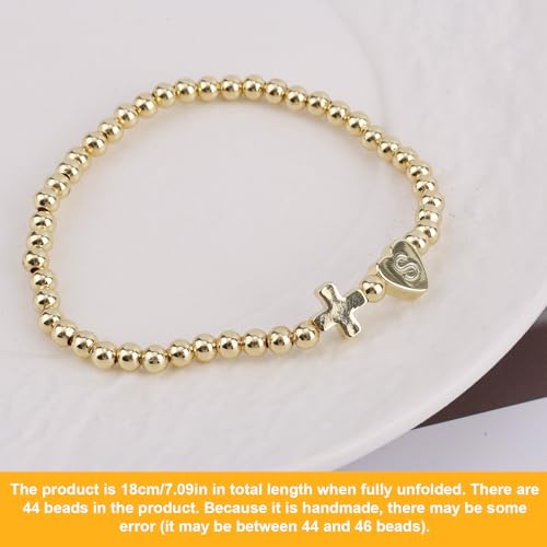 Mikovivi Women's Cross Bracelet with Initial Beads, Elastic Heart Alphabet Charm Stackable Beaded Bracelet Religious Christian Jewelry Gift - style: Letter S