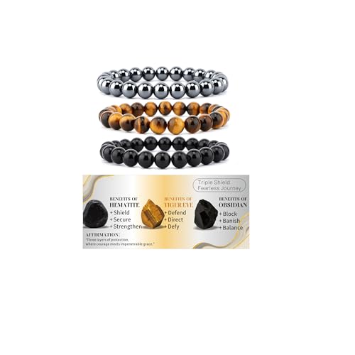 4mm 6mm 8mm Healing Crystal Bracelets for Women Men Natural Stone Beaded Stretch Bracelet Handmade Gemstone Reiki Spiritual Jewelry Gifts - color: Tiger Eye+Black Obsidian+Hematite-Protection, size: 8mm