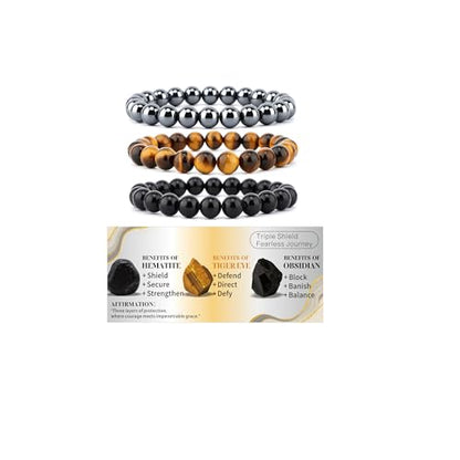 4mm 6mm 8mm Healing Crystal Bracelets for Women Men Natural Stone Beaded Stretch Bracelet Handmade Gemstone Reiki Spiritual Jewelry Gifts - color: Tiger Eye+Black Obsidian+Hematite-Protection, size: 8mm