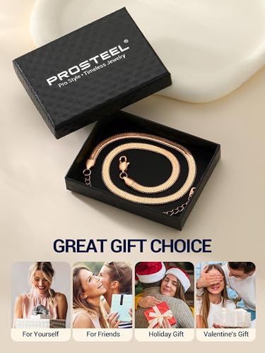 PROSTEEL 3mm/5mm Herringbone Choker Necklace for Women, 12.5"/15"/18", Stainless Steel/Sterling Silver Flat Snake Chain in Silver/Yellow Gold/Rose Gold/Black, Come with Box - color: 5mm-Rose Gold Plated, size: 18 Inch