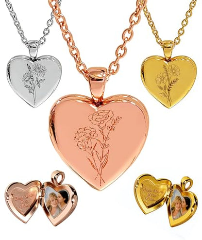 Personalized Locket Necklace for Women with Engraved Text & Picture | Custom Birthday Flower Locket Necklace Mothers Day Gift for Mom Mother Wife - color: Heart
