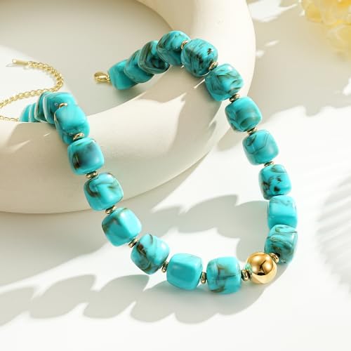 Ritach Chunky Beaded Necklaces for Women - Colorful Large Square Acrylic Beaded Necklace Boho Chunky Necklace Adjustable Statement Choker Necklace for Women Waterproof Summer Beach Jewelry Gifts - color: Turquoise
