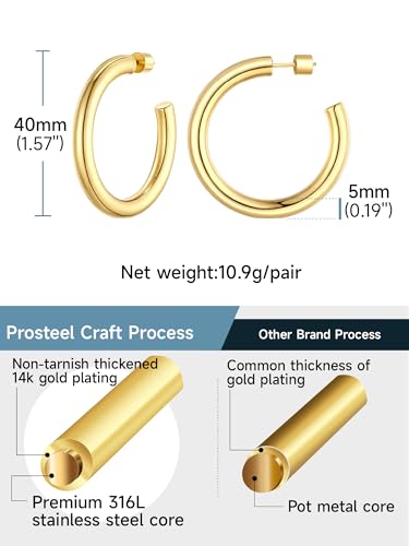 PROSTEEL Chunky Hoop Earrings for Women 14K Gold Plated/Black/Silver | 20/30/40/50/60/70/80mm Stainless Steel Thick Big Round Hoop with Waterproof and Non Tarnish Trendy Jewelry with Gift Box - color: 2. Gold, size: 40MM
