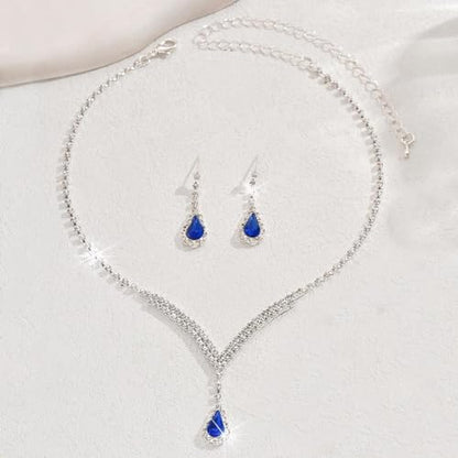 Bridal Wedding Jewelry Set Silver Rhinestone Necklace Earrings Sets Formal Costume Jewelry for Women and Brides - color: A-Blue