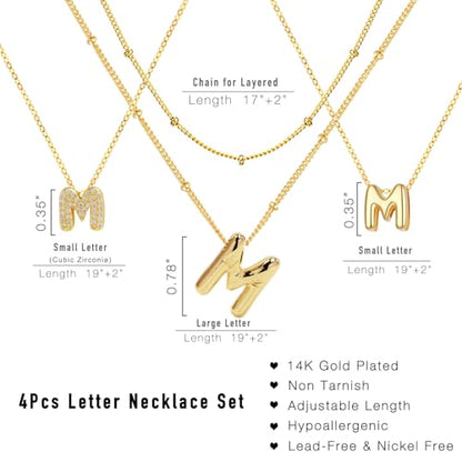 stino 4PCs Bubble Initial Letter Necklace Set, No Tarnish 14K Gold Plated Alphabet Pendant, Jewelry for Women - style: M