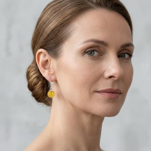 Pearl Leverback Earrings for Women Dangle Round Gemstone Earrings Birthstone Jewelry Gift Anniversary for Her - color: 16 Yellow agate