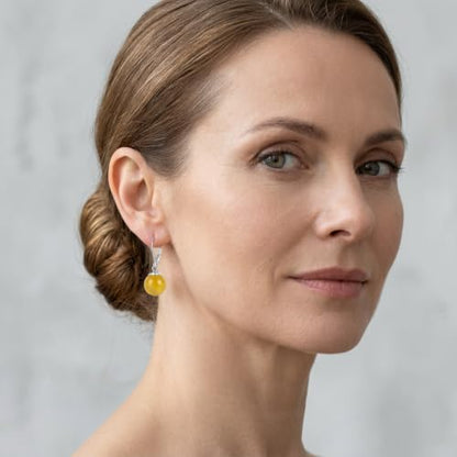 Pearl Leverback Earrings for Women Dangle Round Gemstone Earrings Birthstone Jewelry Gift Anniversary for Her - color: 16 Yellow agate