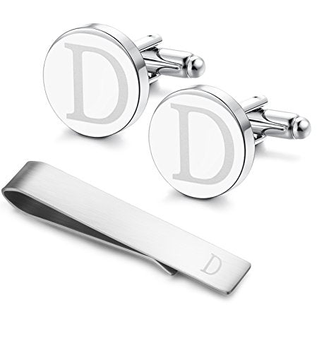 Initial Cuff Links Mens and Tie Clips for Men | Classic Silver Letter Alphabet A-Z Cufflinks and Tie Bar Set, Gifts for Men Father Husband for Formal Business Wedding - style: D
