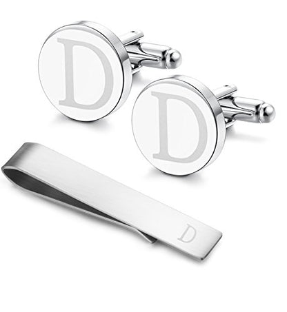 Initial Cuff Links Mens and Tie Clips for Men | Classic Silver Letter Alphabet A-Z Cufflinks and Tie Bar Set, Gifts for Men Father Husband for Formal Business Wedding - style: D