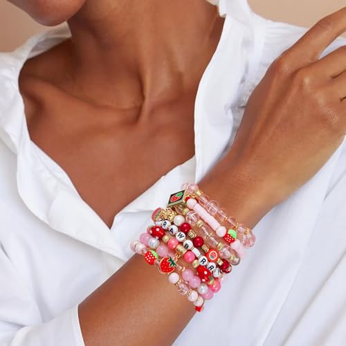 Summer Surfer Heishi Bracelet Set for Women Stackable Gold Plated Clay Ploymer Bead Stretch Pink Beach Layering Bracelets Jewelry - color: A-Strawberry bracelet