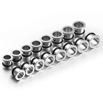 Casvort 22 PCS/16 PCS Hypoallergenic 18G-1'' Comfy Dead Stretching Plugs in 0.5mm Increments Saddle Plugs with Rubber Rings 316 Surgical Stainless Steel Crazy Ear Gauges Body Piercing Jewelry - color: Silver Tunnel 10.5-14mm 16PCS