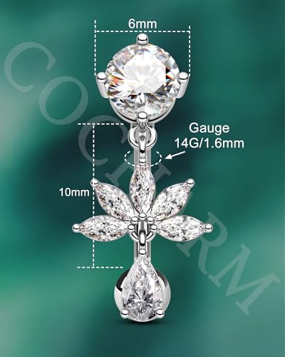 Flower Dangle Belly Button Ring, 14G Gold Reverse Belly Button Piercing for Women, Surgical Steel Silver Navel Piercing Jewelry Hypoallergenic - color: silver