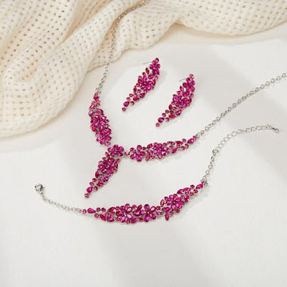 EleQueen Statement Sparkle Crystal Necklace Bracelet Dangle Earrings Set for Women, Art Deco Prom Chandelier Jewelry for Wedding Bridal - color: Hot Pink-Silver-Plated-Base