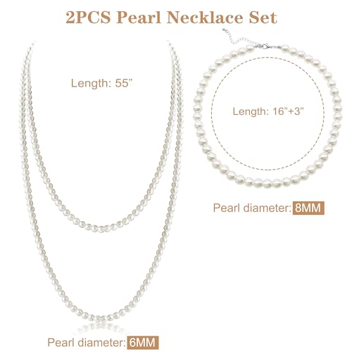 Long Pearl Necklaces for Women Cream White Faux Pearl Strand Layered Necklace Costume Jewelry - color: 8MM choker+6MM long