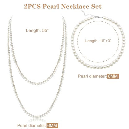 Long Pearl Necklaces for Women Cream White Faux Pearl Strand Layered Necklace Costume Jewelry - color: 8MM choker+6MM long