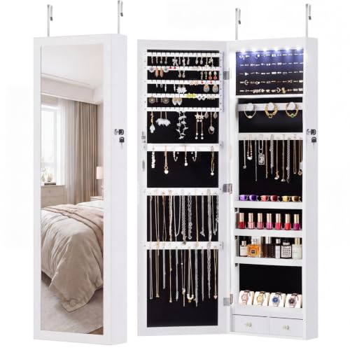 DUMOS 6 LEDs Mirror Jewelry Organizer, Jewelry Armoire Cabinet, 47.2 Inch | Hanging Door or Wall Mounted Mirror, Lockable, Large Capacity Cosmetic Storage, 2 Drawers, Gift Idea, Cream - color: Cream