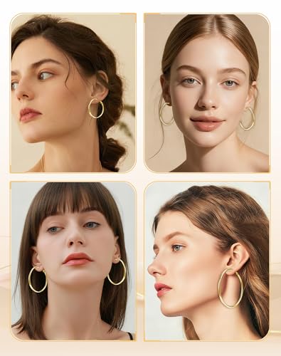 4 Pairs Gold Sliver Hoop Earrings For Women, Hypoallergenic Surgic Steel | 14K Gold Plated Stainless Steel, 30/40/50/60mm, Small Medium Large Size, Thin, Lightweight - color: 4 Pairs Gold-30/40/50/60mm