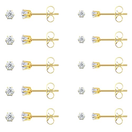 10 Pairs Small Stud Earrings for Women Hypoallergenic 316L Surgical Steel Tiny Cubic Zirconia Earrings for Sensitive Ears Multiple Piercing Stackable Studs - color: Gold